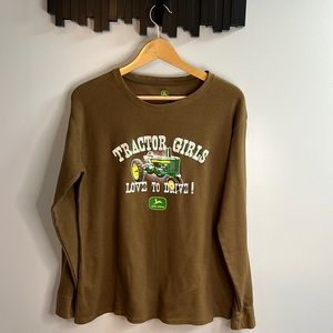 John Deere Tractor Girls Long Sleeve Waffle Knit T-Shirt Size XL